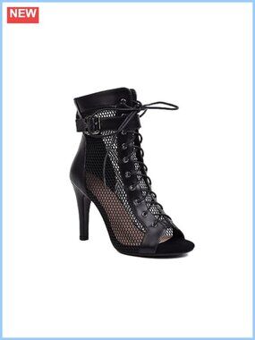 Women's Lace Up High Heel Mesh Sandals Peep Toe Summer Boots Buckle Ankle Strap
